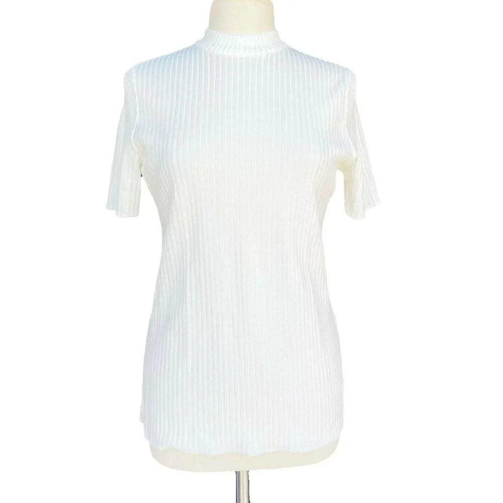 JAMES KENROB By DALTON Size 18 Ivory High-neck Short Sleeve Stretch Rib Knit Top